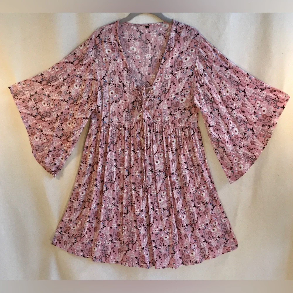 Bohemian dress, pink w/ tiny floral print, deep lace-up V neck, bell sleeves. S - Picture 5 of 14
